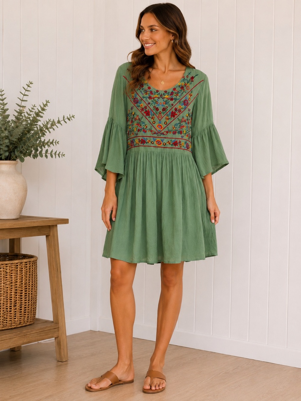 Embroidered Boho Babydoll Tunic Dress Sage Green Floral Bell Sleeve Large